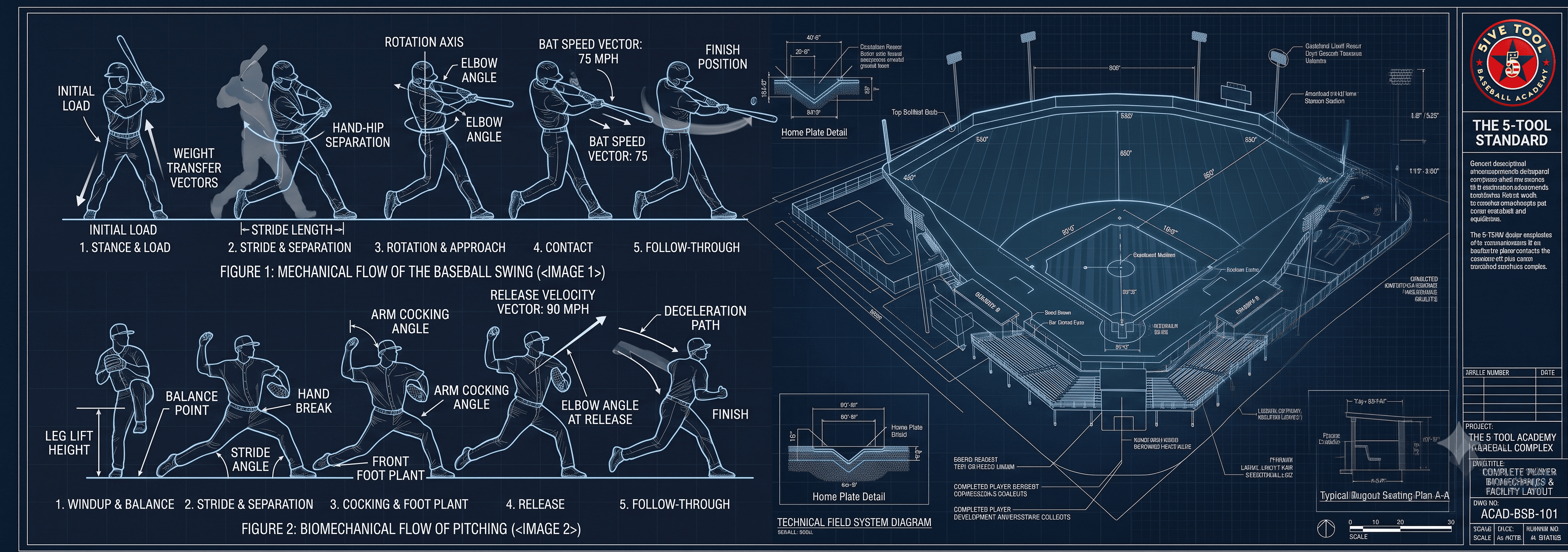 5ive Tool technical training blueprint showing 5ive-phase hitting mechanics, 5ive-phase pitching mechanics, and a complete baseball field system diagram